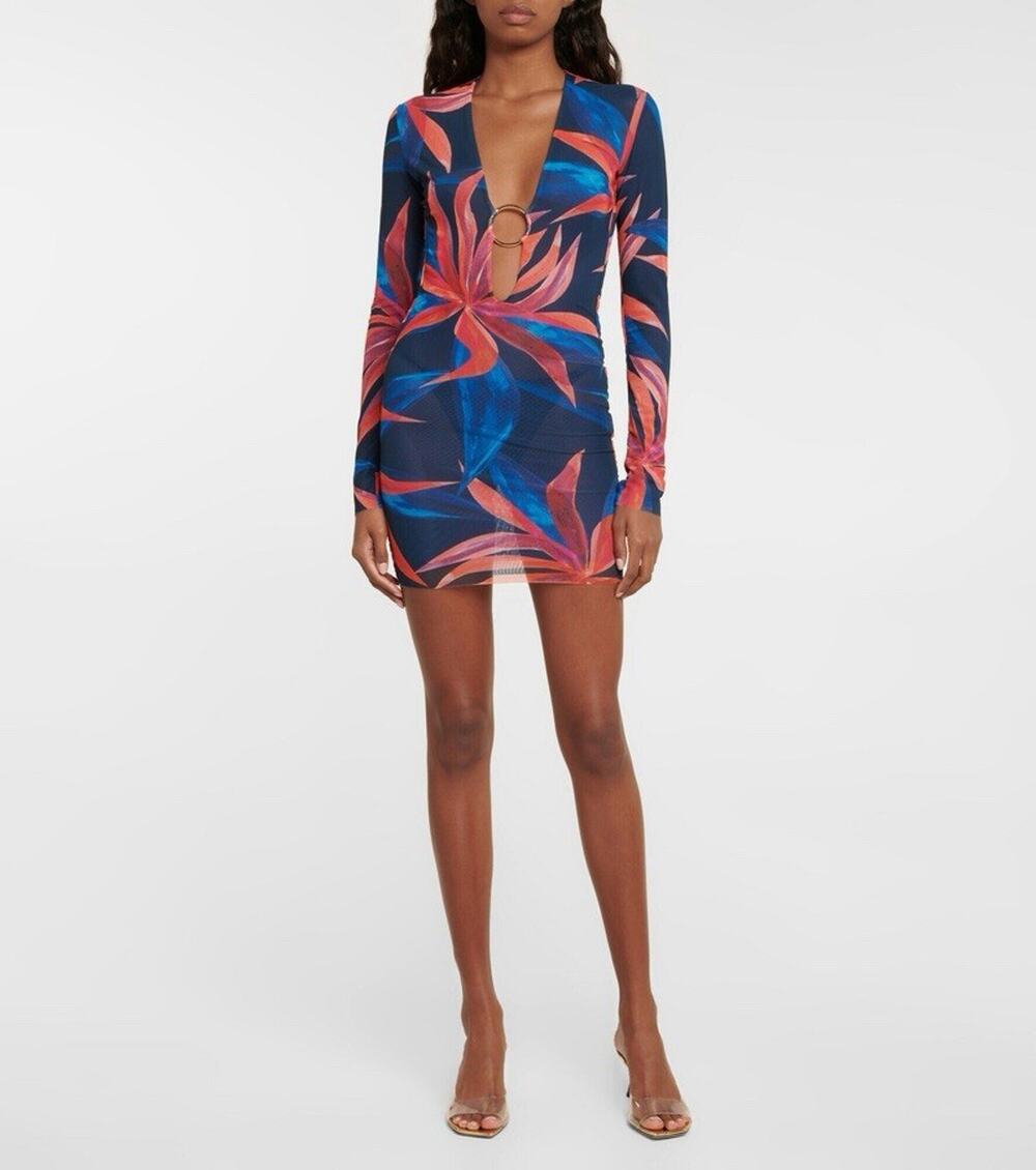 Louisa Ballou Helios Long Sleeve Printed Mini Coverup Dress Cotton Silk Small